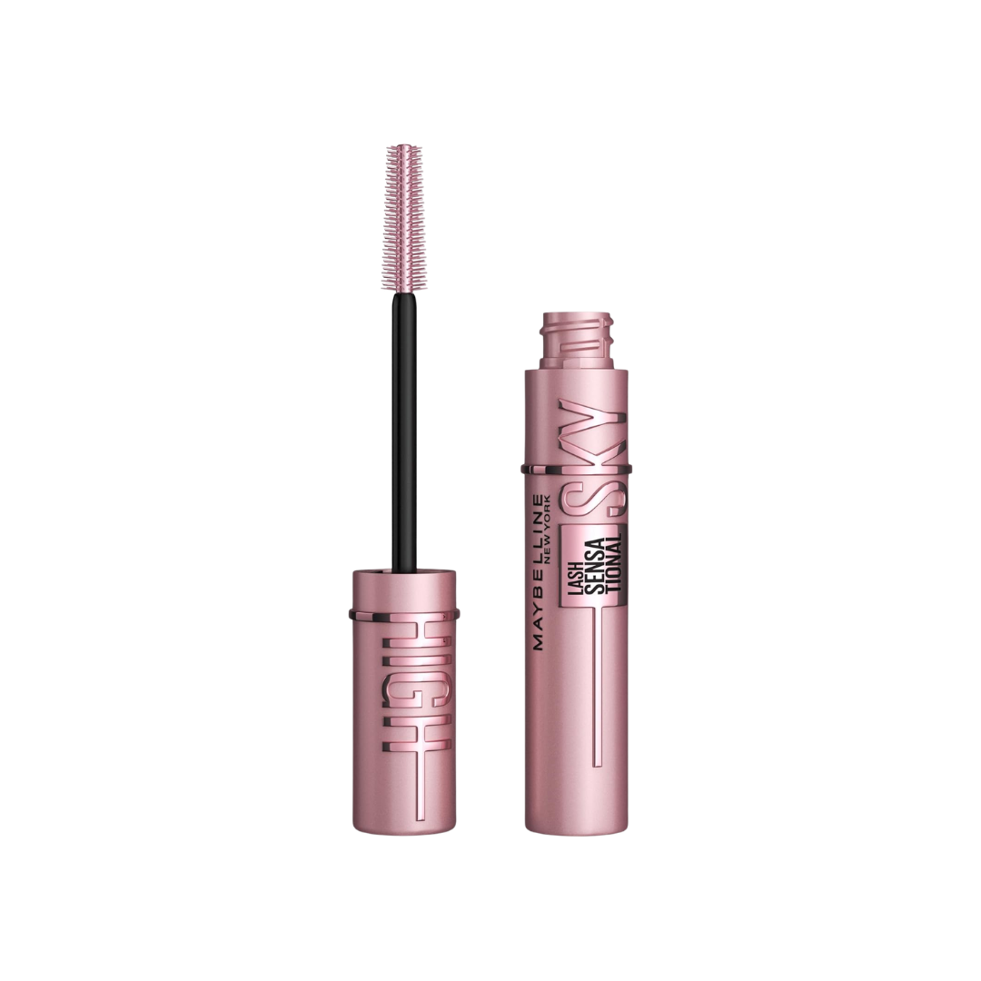 An open tube of Maybelline Lash Sensational Sky High mascara with the wand resting on the cap.
