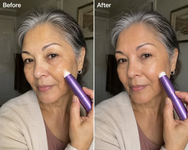 A before-and-after image of a woman applying a cosmetic product to her cheek with a purple wand.