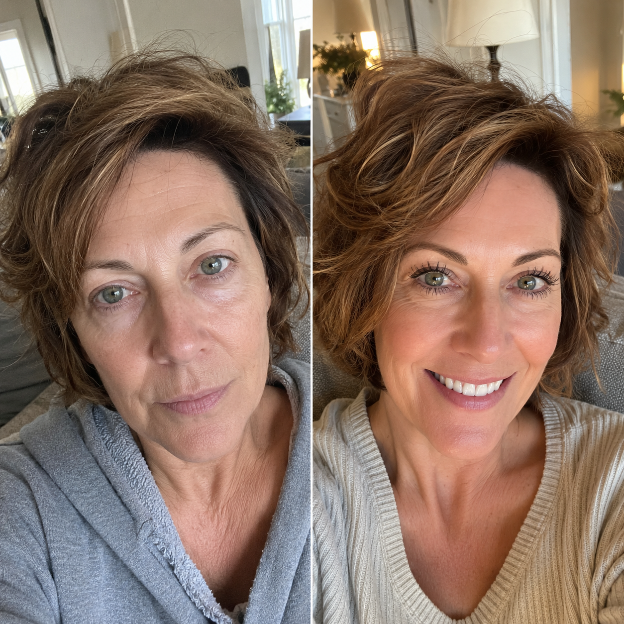 A side-by-side comparison showing a woman's face before and after applying makeup.