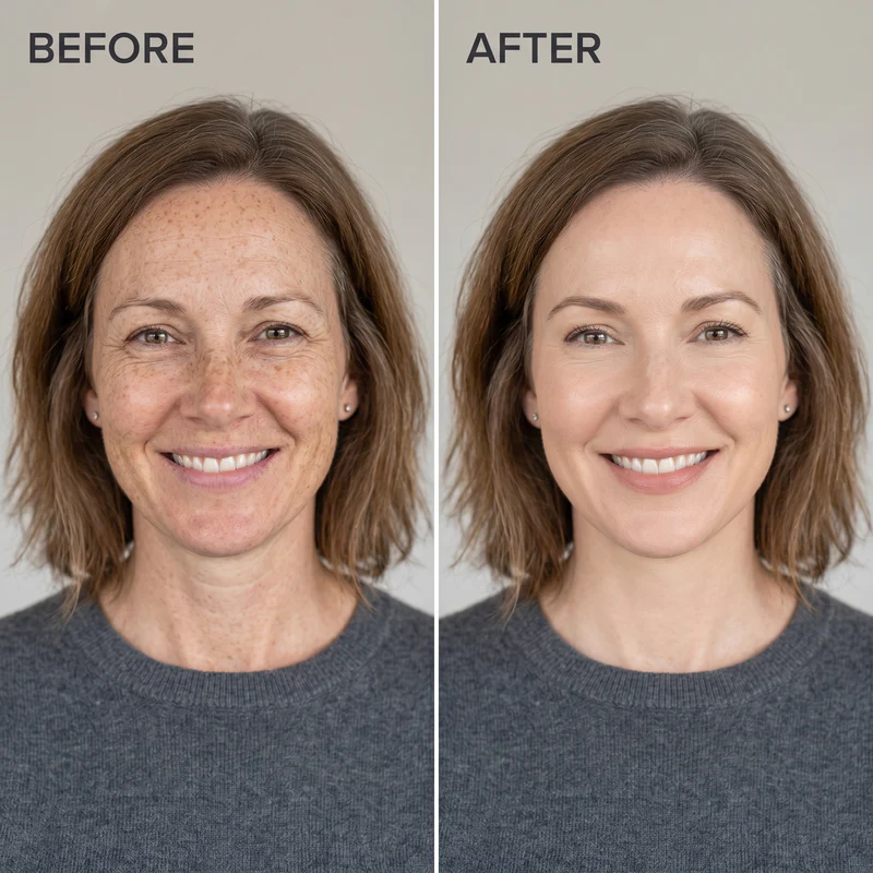 A before-and-after photo of a woman's face, showing a reduction in freckles and smoother skin.