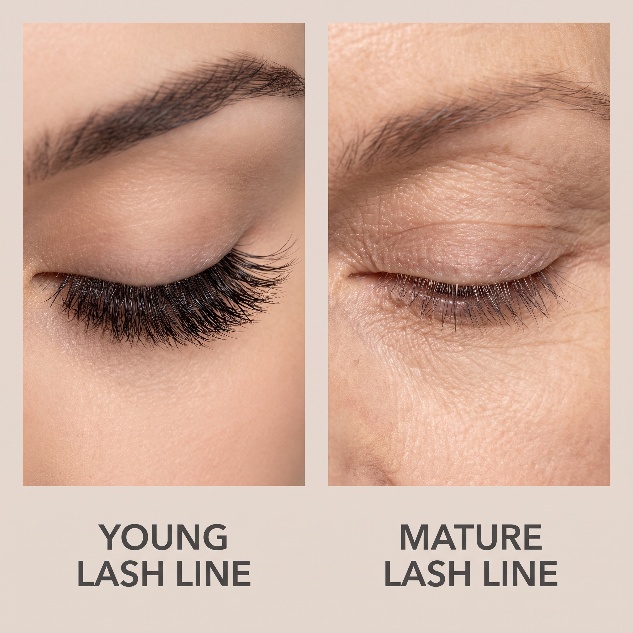A side-by-side comparison of a young lash line with long, full lashes, and a mature lash line.