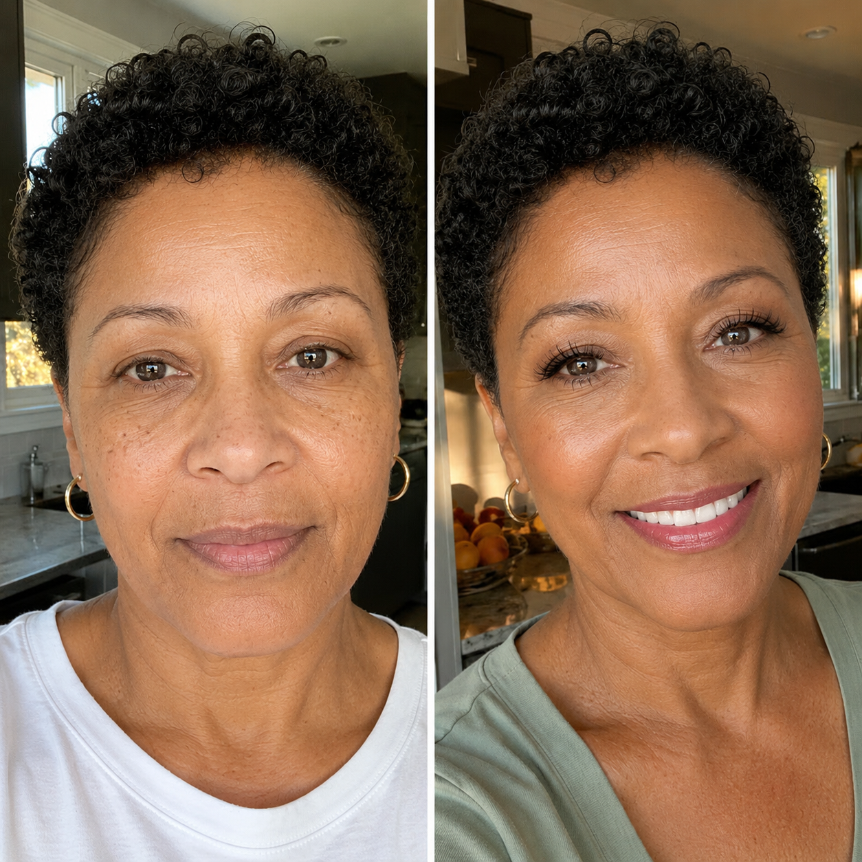 A side-by-side comparison photo of a woman's face before and after applying makeup.