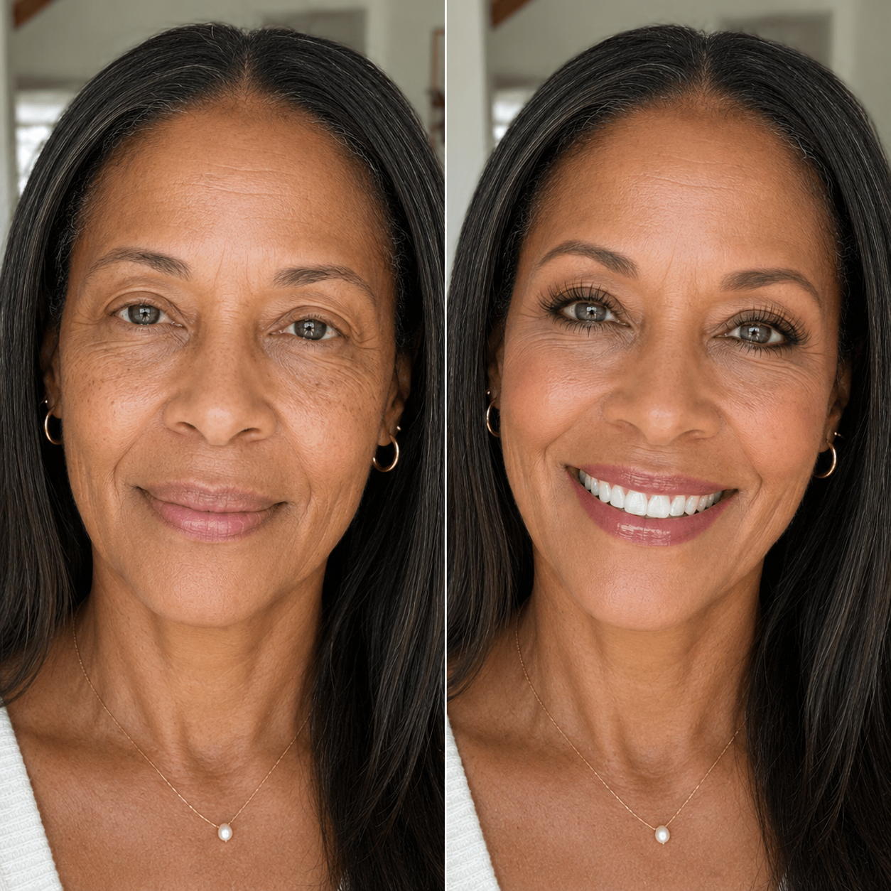A split image showing a woman's face before and after applying makeup, smiling in the after photo.