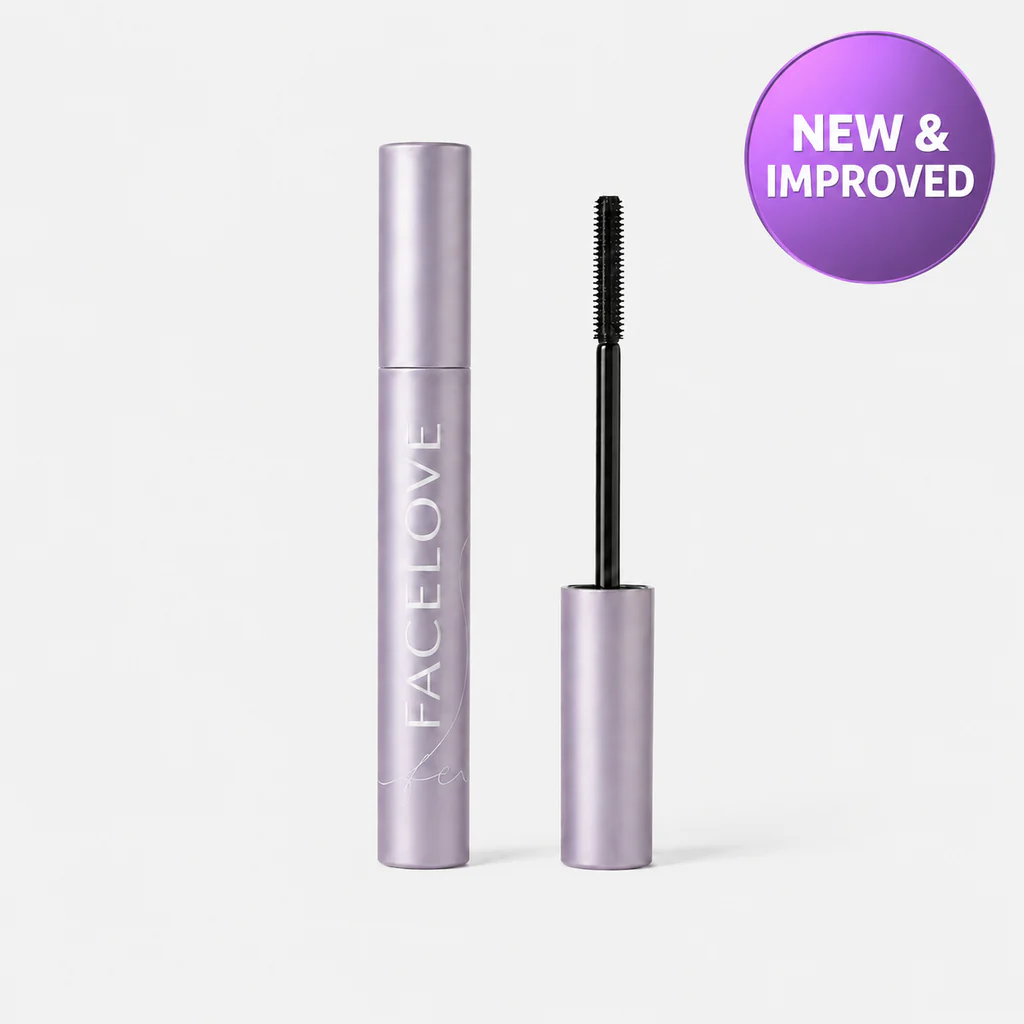 A tube of Facelove mascara with the wand out, and a 'New & Improved' badge.