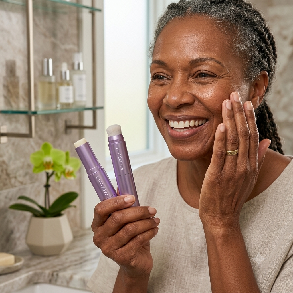 A smiling woman holds two purple skincare products while touching her cheek in a bathroom.