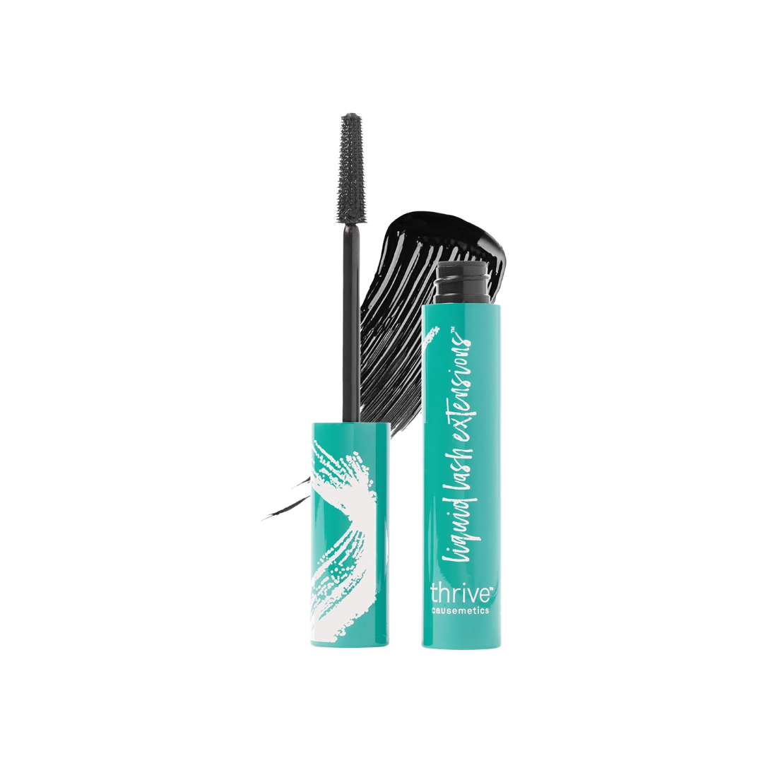 An open tube of Thrive Causemetics Liquid Lash Extensions mascara with its wand and a black product swatch.