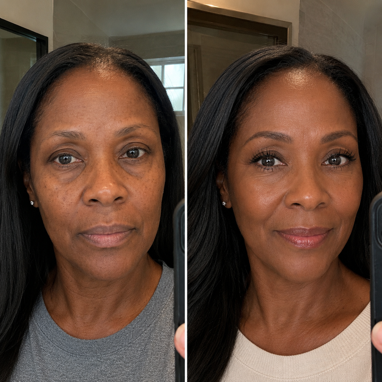 A split-screen, before-and-after image of a woman showing the effects of makeup.