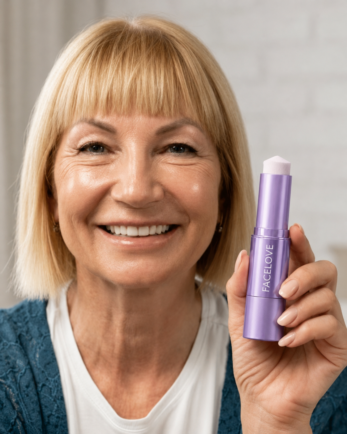 A smiling blonde woman holds a purple cosmetic stick with the word FACELOVE on it.