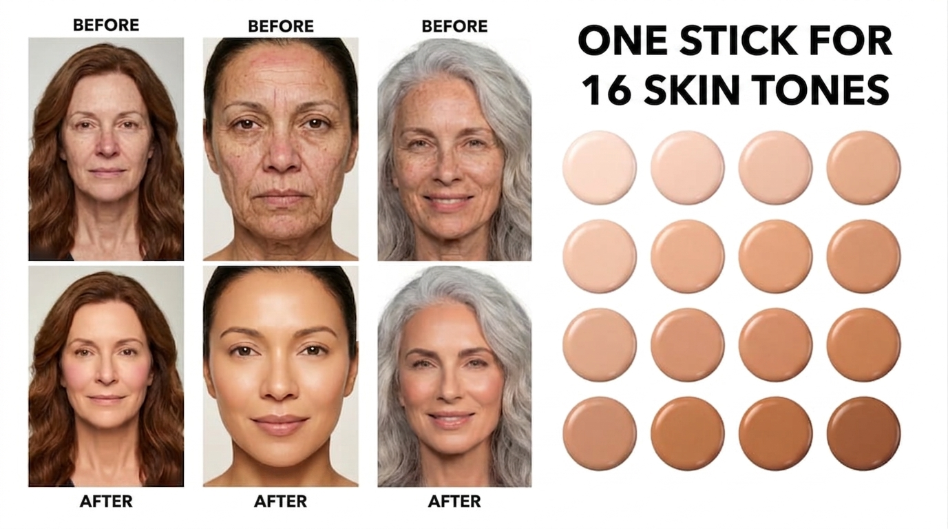 Before-and-after photos of three women using foundation, shown next to 16 circular swatches of different skin tones.