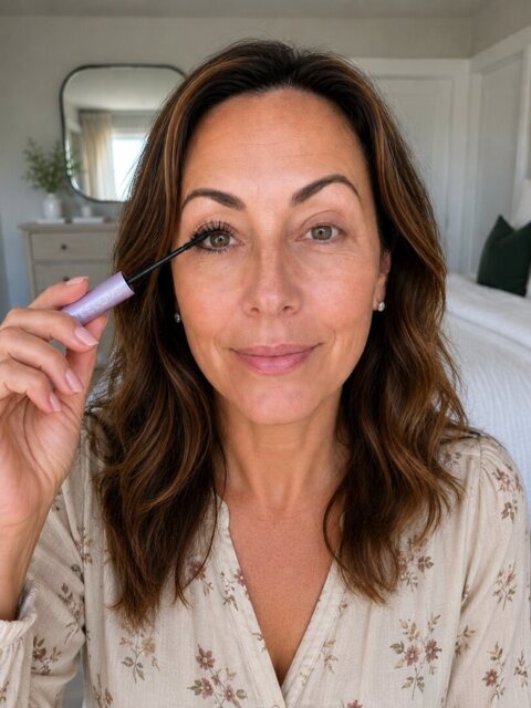 A woman with brown hair wearing a floral top applies mascara while looking at the camera.