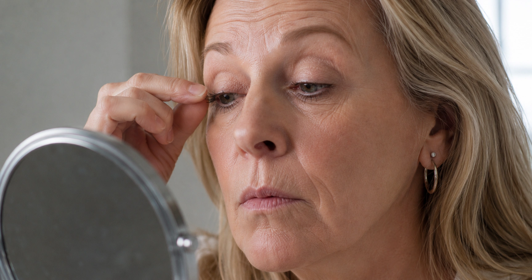 A blonde woman looks into a small mirror while carefully applying false eyelashes to her right eye.