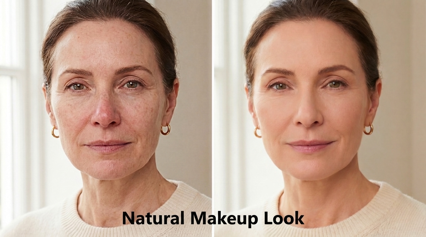 A before and after comparison of a woman's face, showing the application of a natural makeup look.