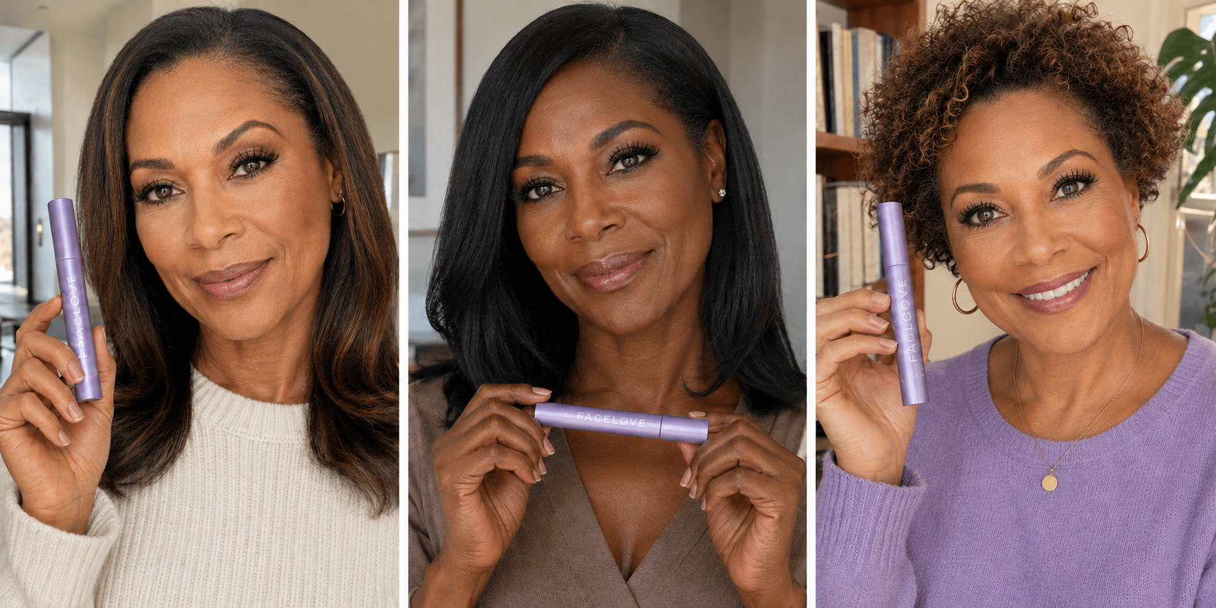 A collage of three portraits of a woman holding a purple tube of Faclove makeup.