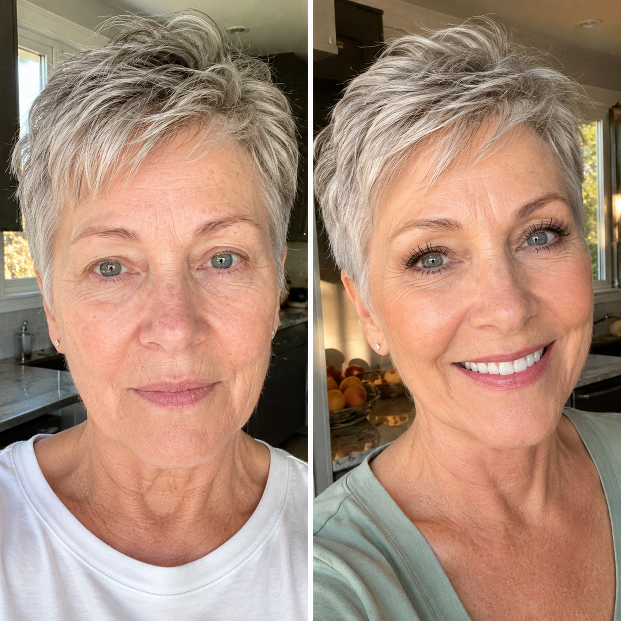 A side-by-side before and after image of a woman with short gray hair applying makeup.