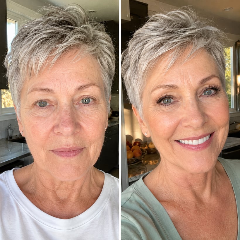 A side-by-side before and after image of Melissa.