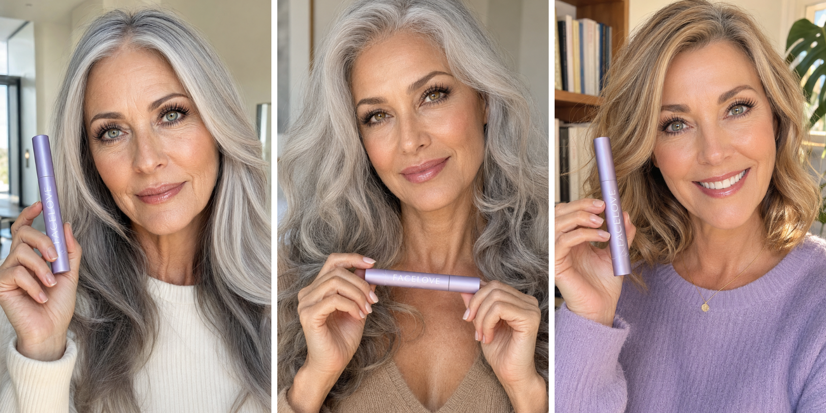 A collage of three smiling older women, each holding a purple tube of mascara.