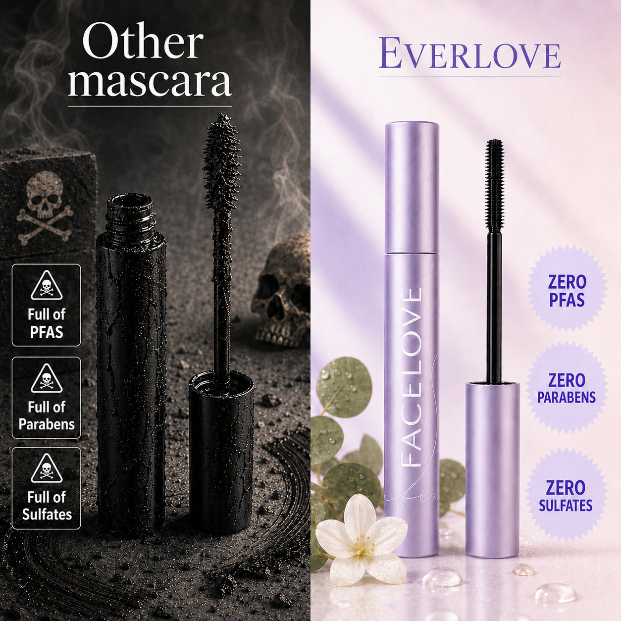 A split-image ad comparing a mascara with skulls and poison symbols to one with flowers and water droplets.