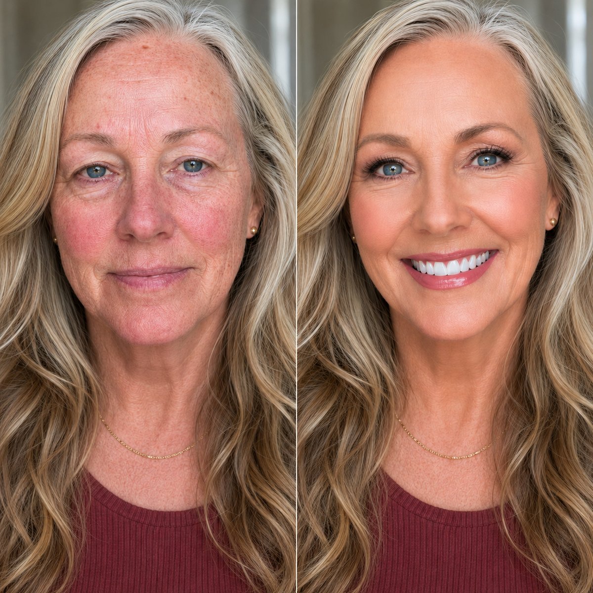 Before and after comparison of a woman's complexion