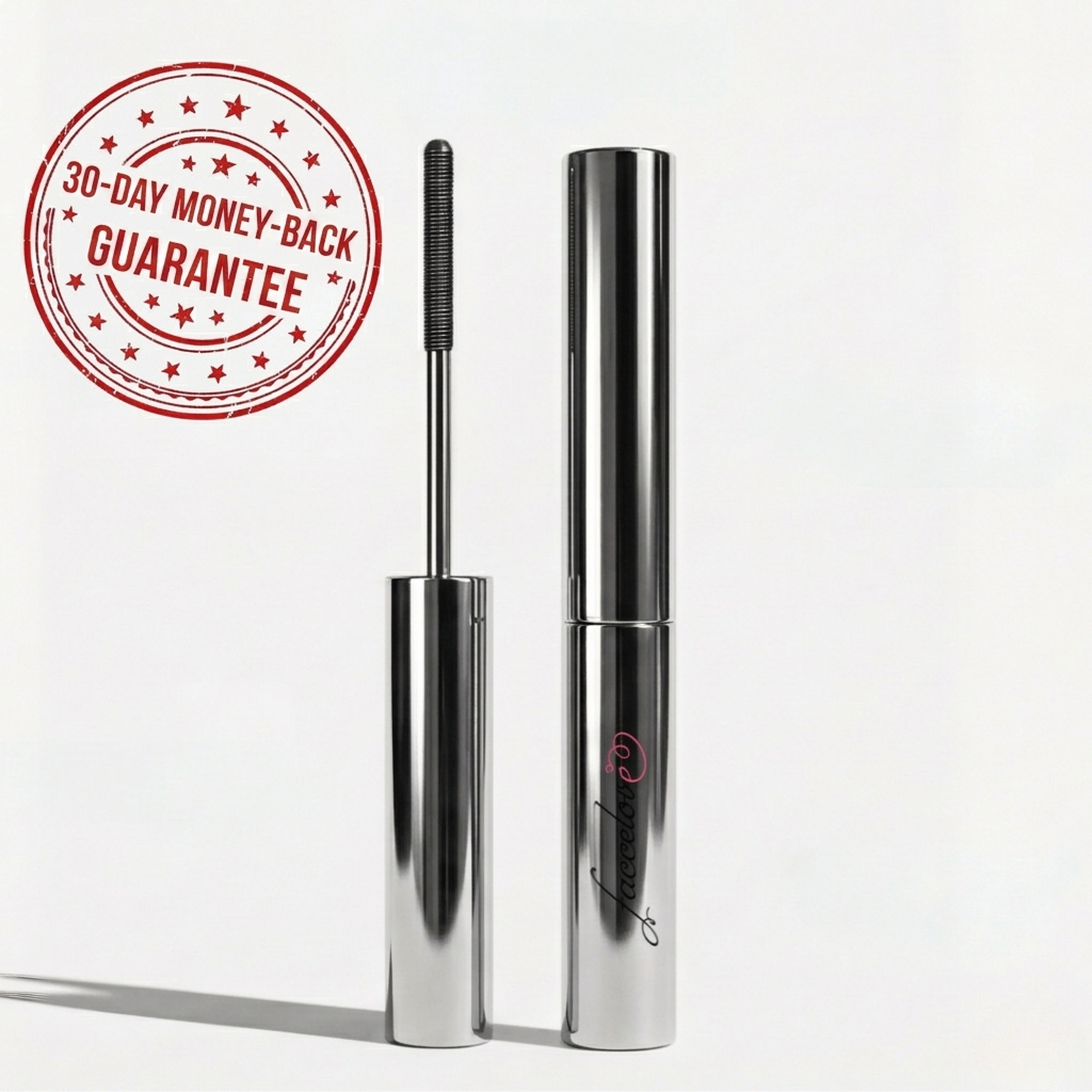 A silver mascara tube and wand stand next to a '30-Day Money-Back Guarantee' seal.