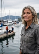 A woman with gray hair wearing a button-up shirt, standing in front of a boat marina.