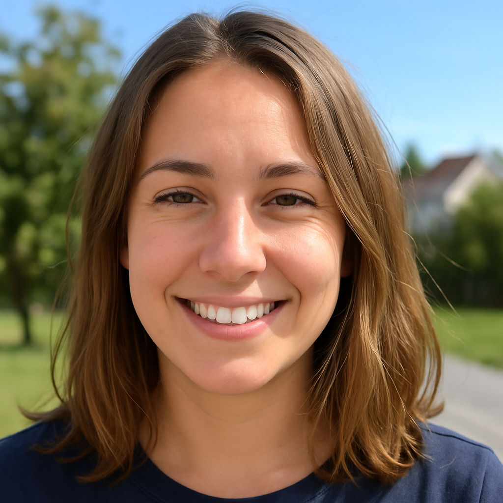 Smiling person outdoors with trees and a house in the background.