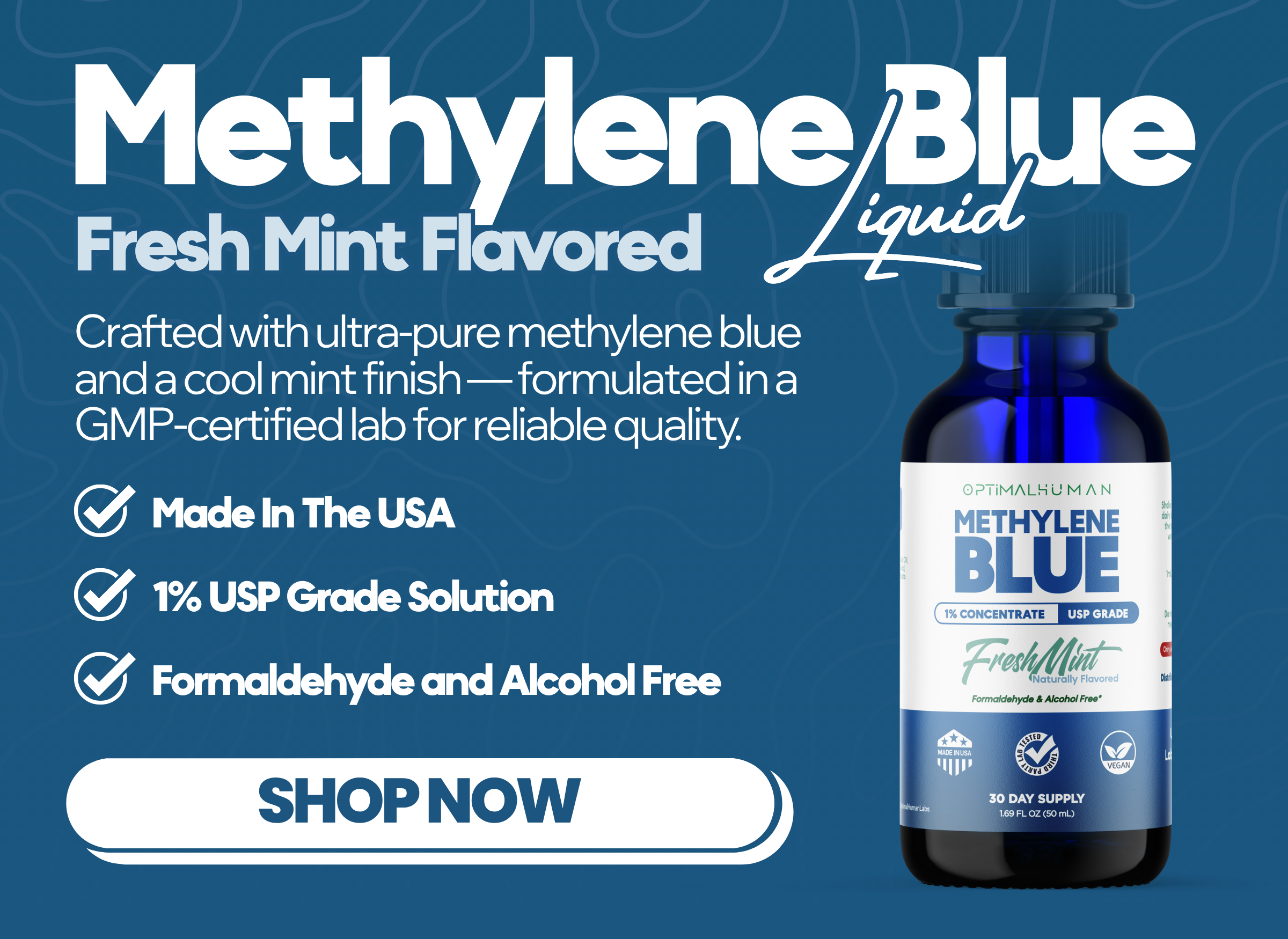 Advertisement for Methylene Blue liquid, fresh mint flavor, with product benefits and a 'Shop Now' button.