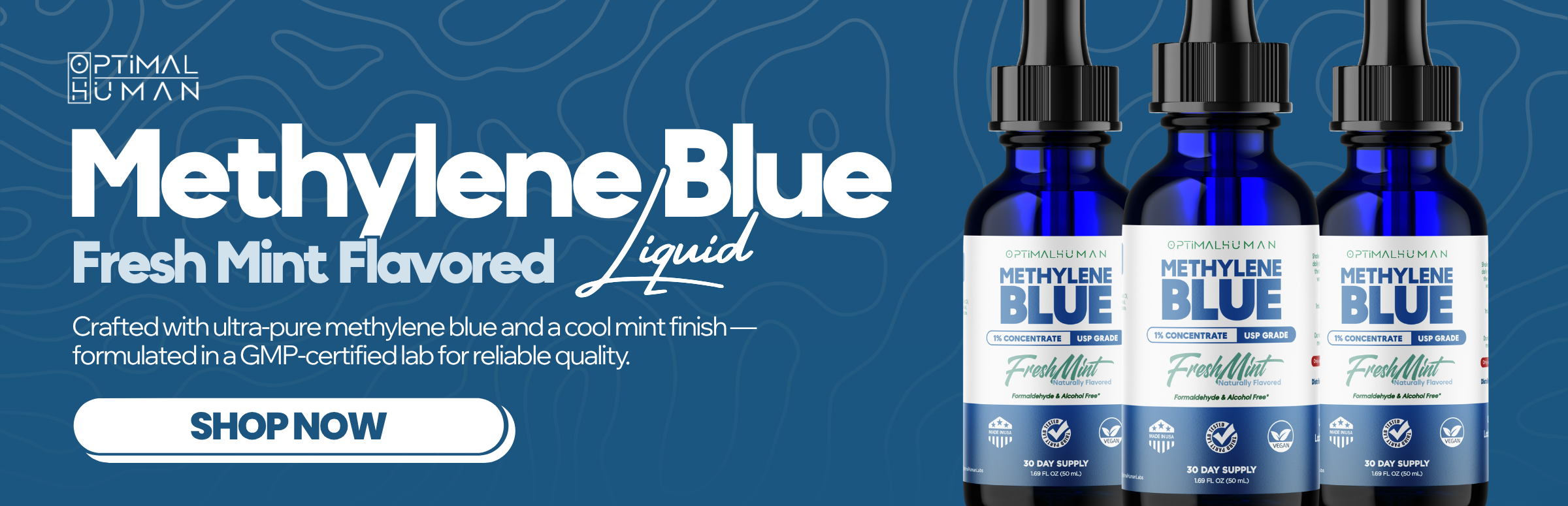 Three blue bottles of methylene blue liquid with mint flavor.
