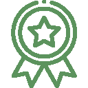 Green outline of a star inside a badge with ribbons.