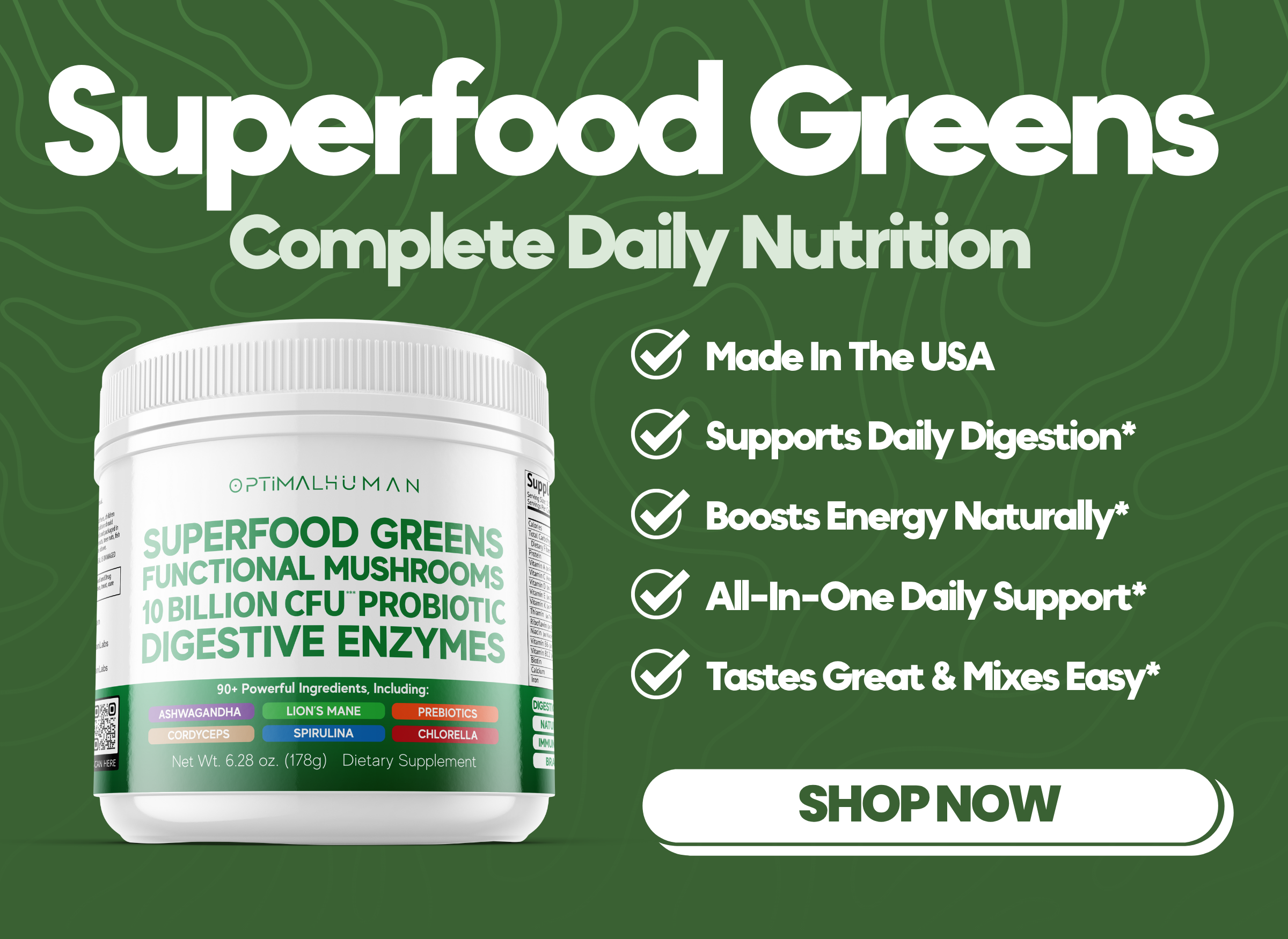 Superfood Greens supplement jar with benefits listed on a green background.