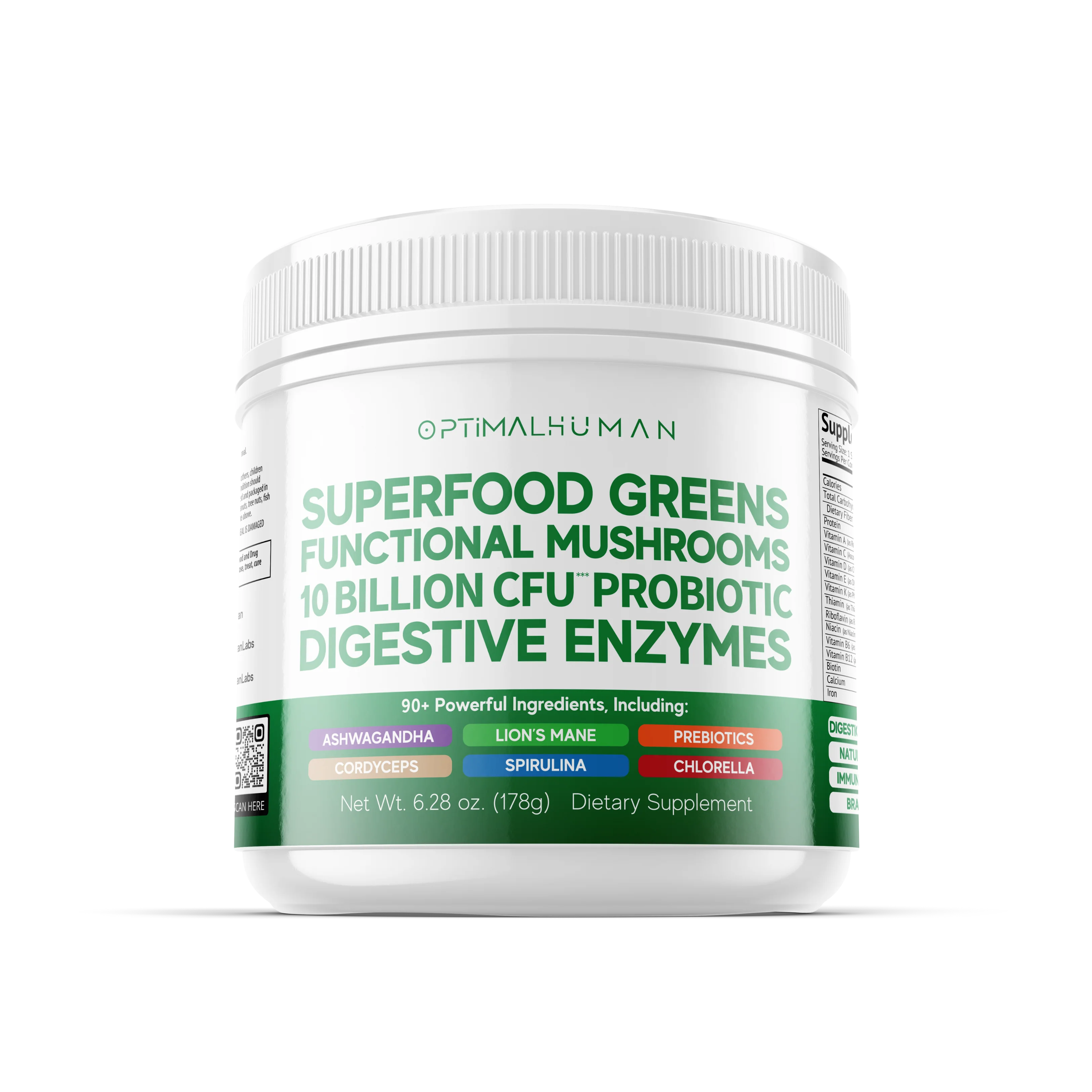 White container of dietary supplement with green text and colorful ingredient labels.