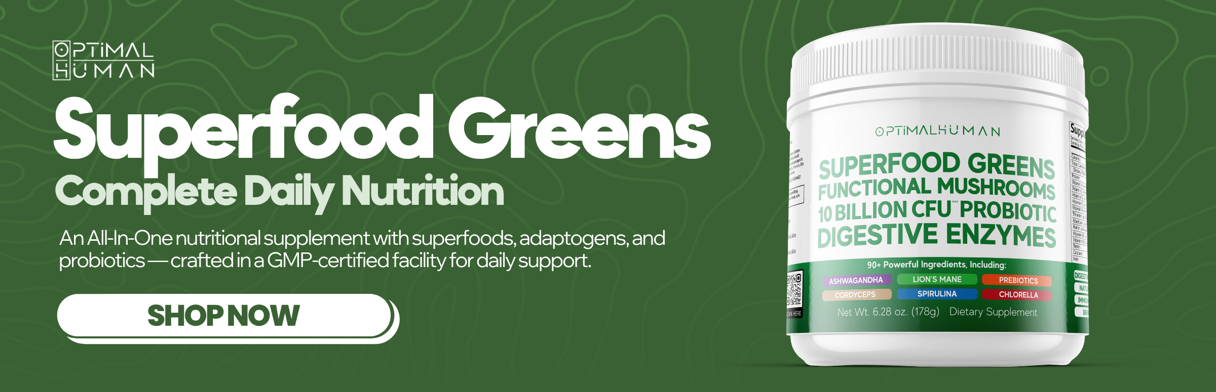 Green background with a supplement jar labeled 'Superfood Greens' and a 'Shop Now' button.