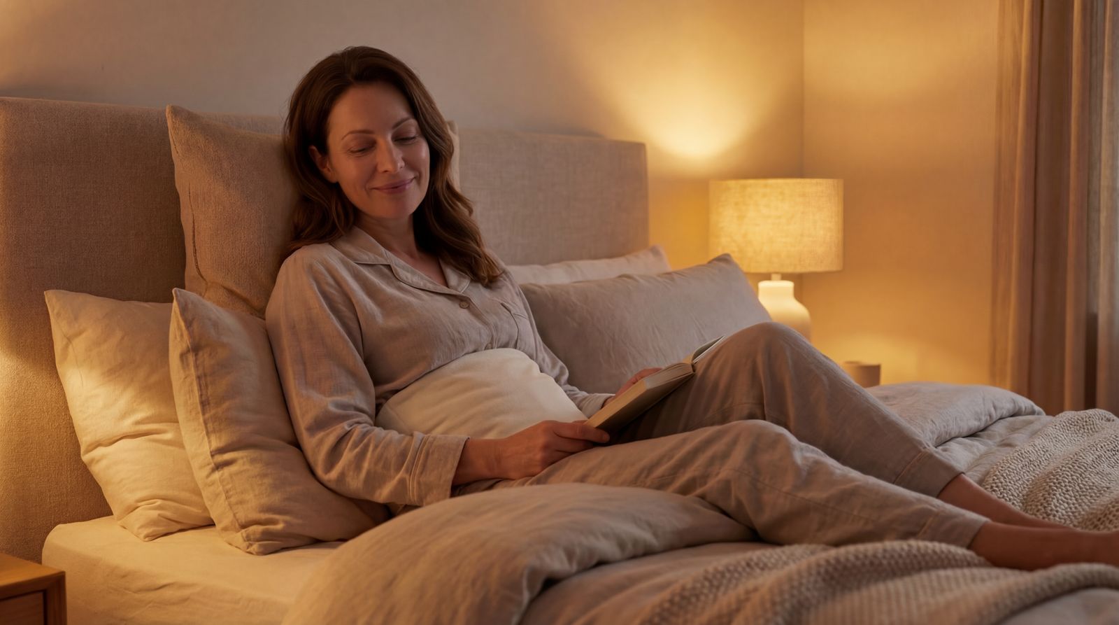 A woman in pajamas smiles while reading a book in a warmly lit bed, propped up by pillows.