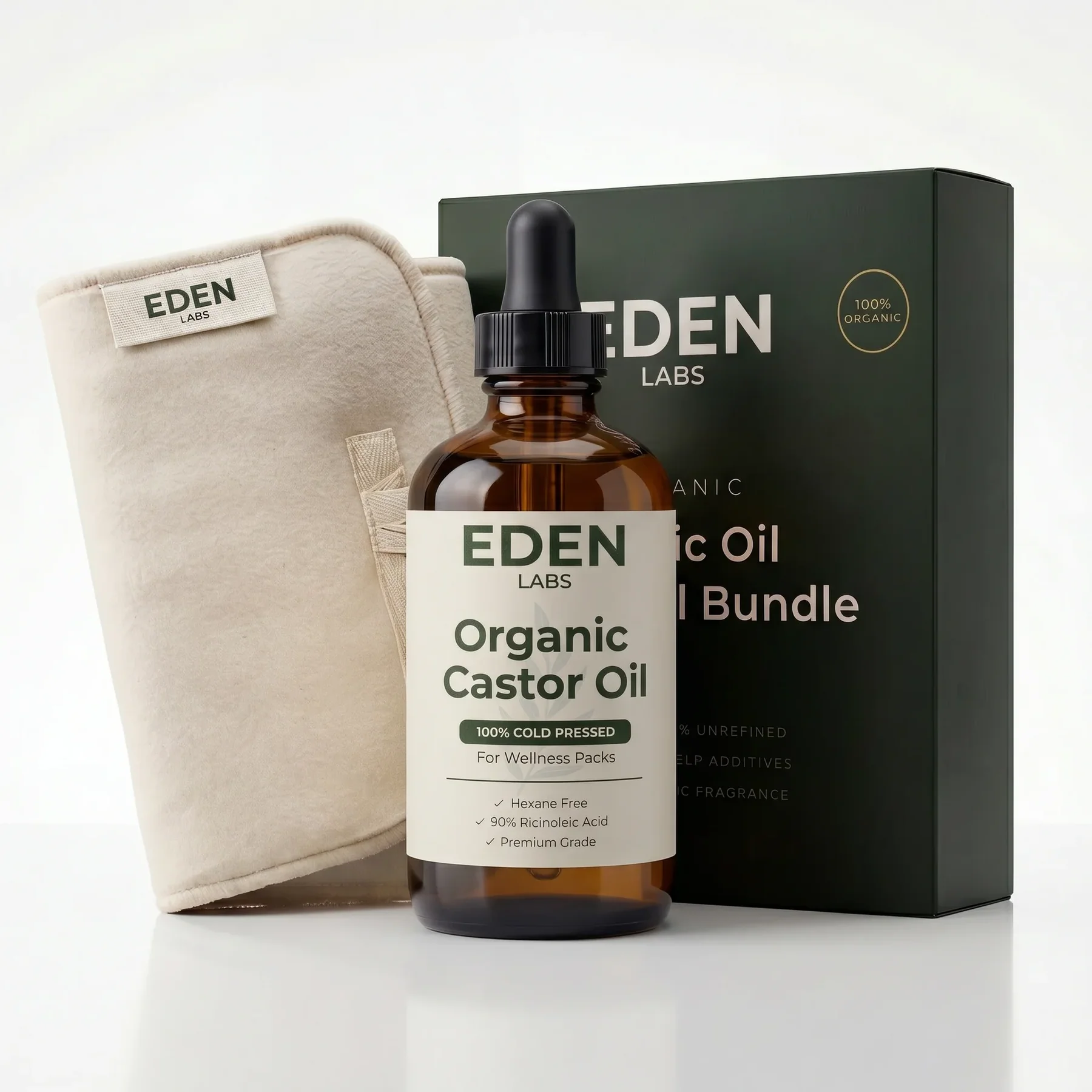 A bottle of Eden Labs Organic Castor Oil with its box and a cloth wellness pack.