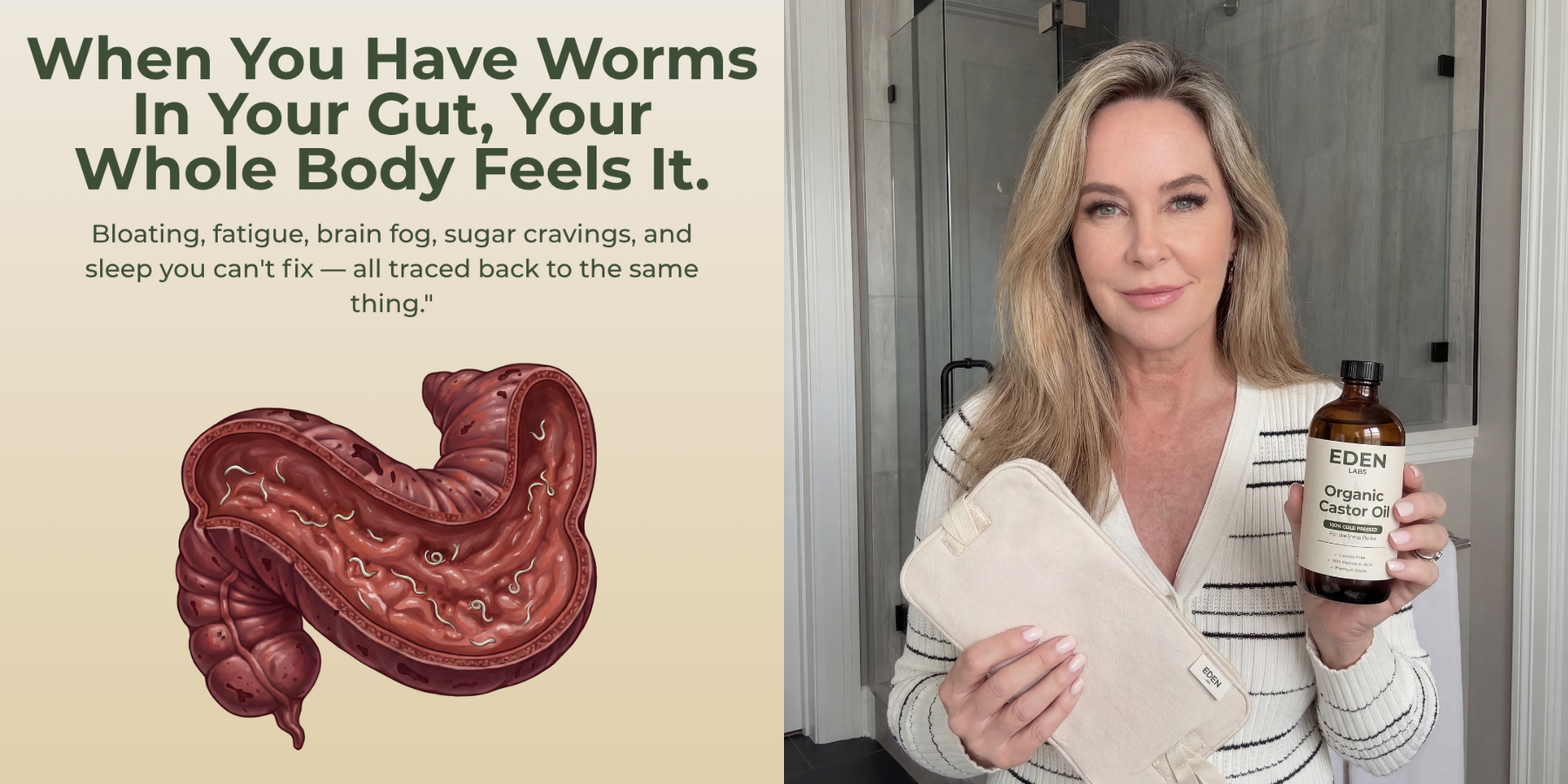 An ad showing an illustration of gut worms and a woman holding a bottle of castor oil.