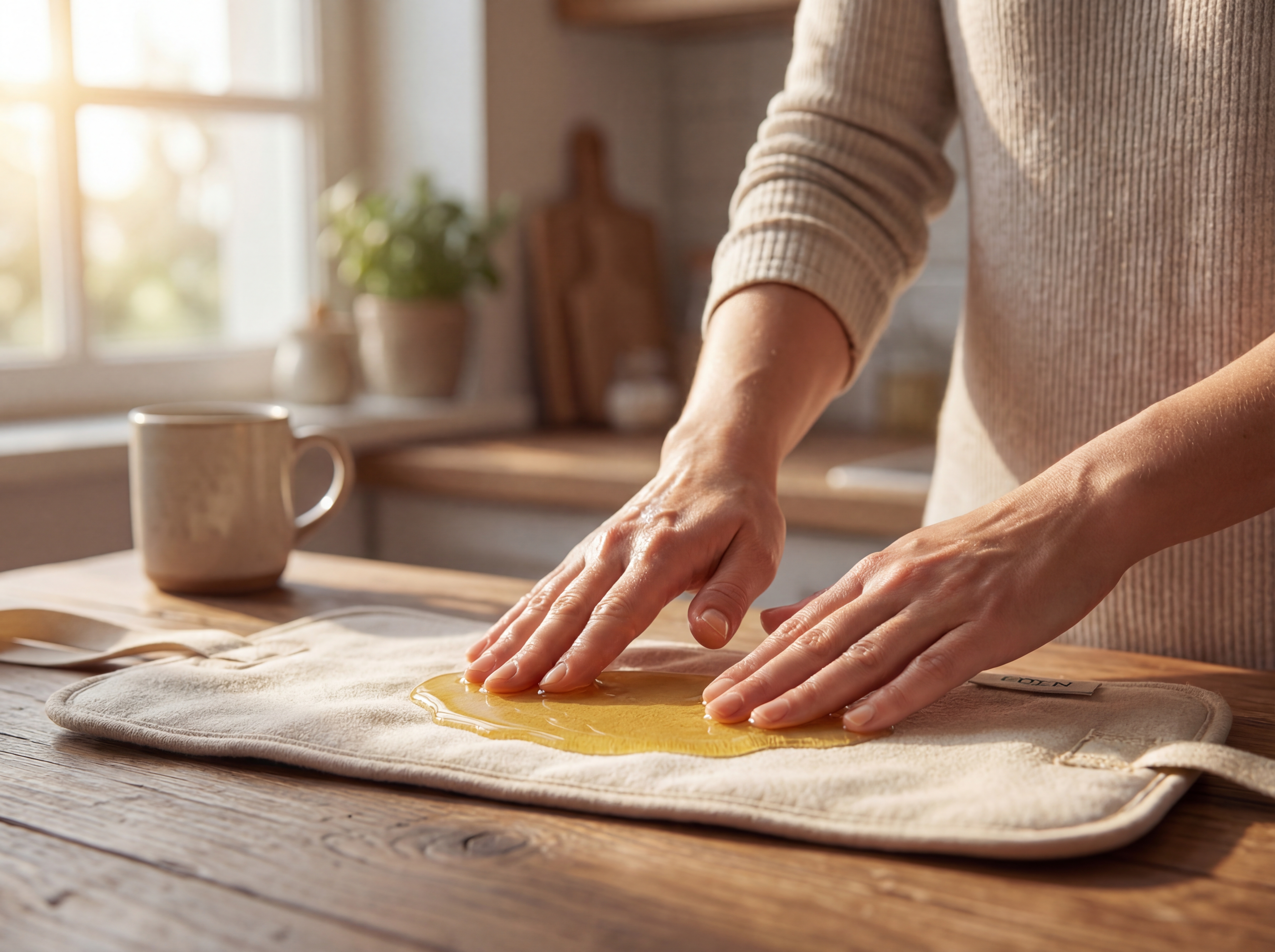 A person's hands touching a golden liquid spilled onto a cloth mat on a wooden table.