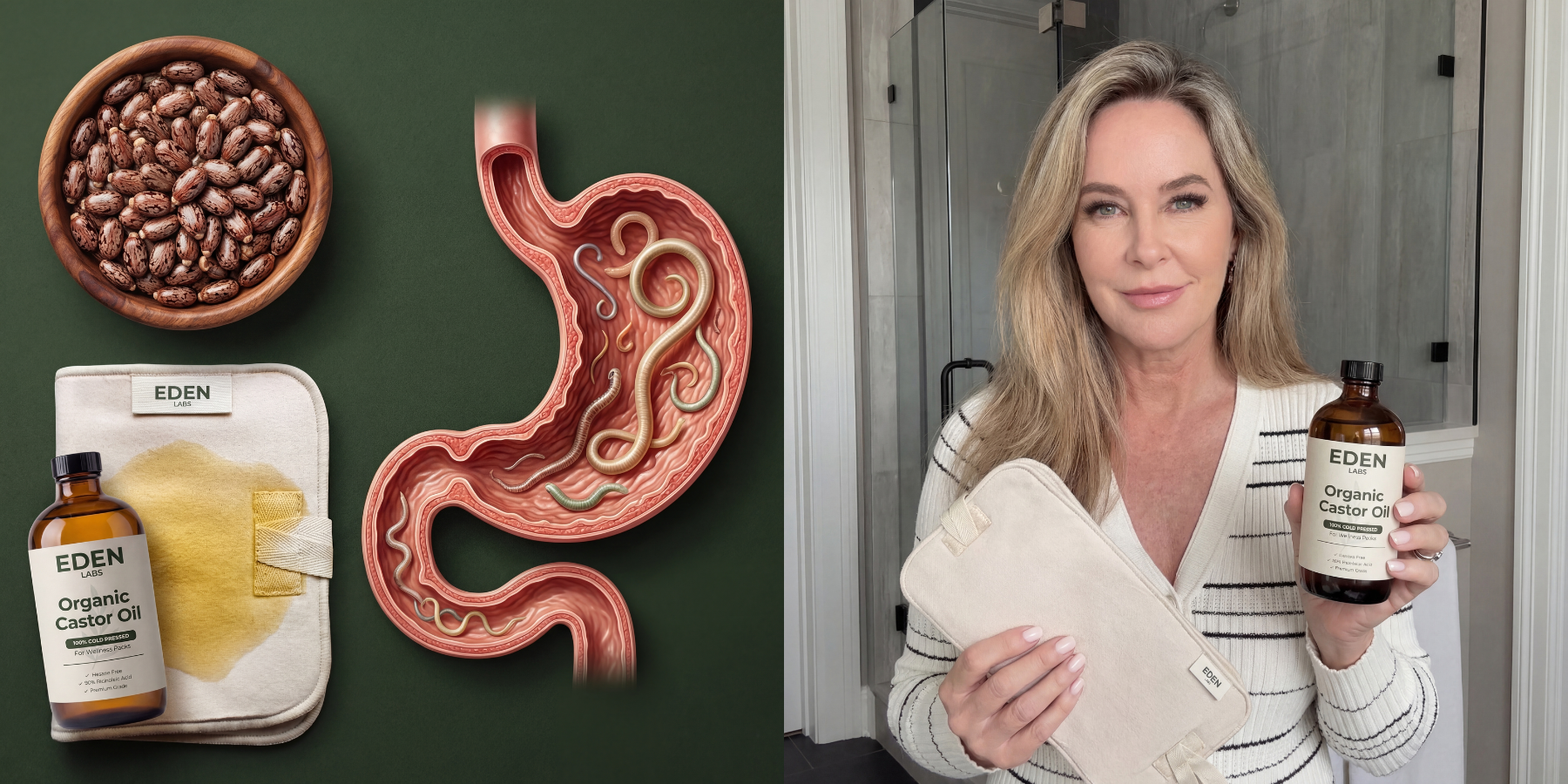 A woman holds castor oil beside graphics of castor beans, a compress, and an anatomical stomach diagram.
