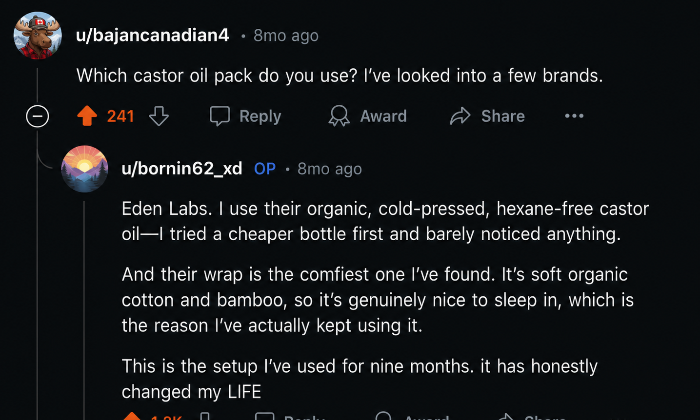 A screenshot of a Reddit thread where a user recommends Eden Labs brand castor oil packs.