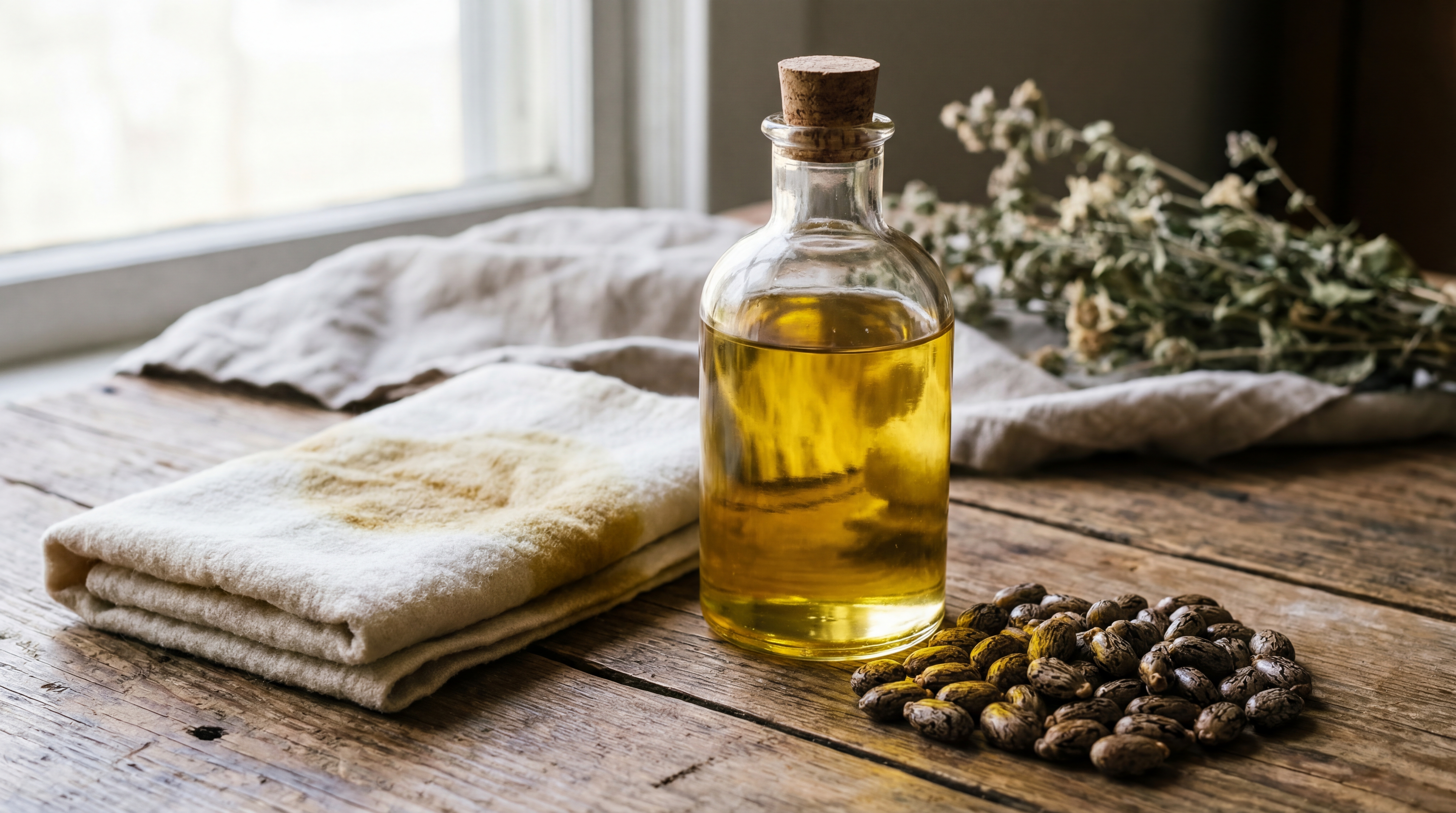 A bottle of castor oil sits on a wooden table with castor beans, a cloth, and dried herbs.
