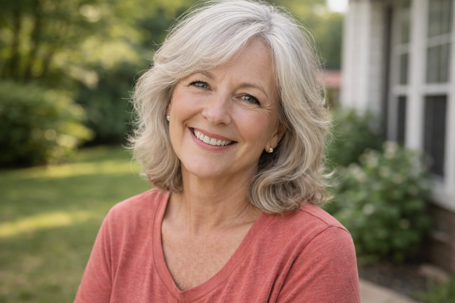 A smiling older woman with shoulder-length gray hair stands outside in a red shirt.