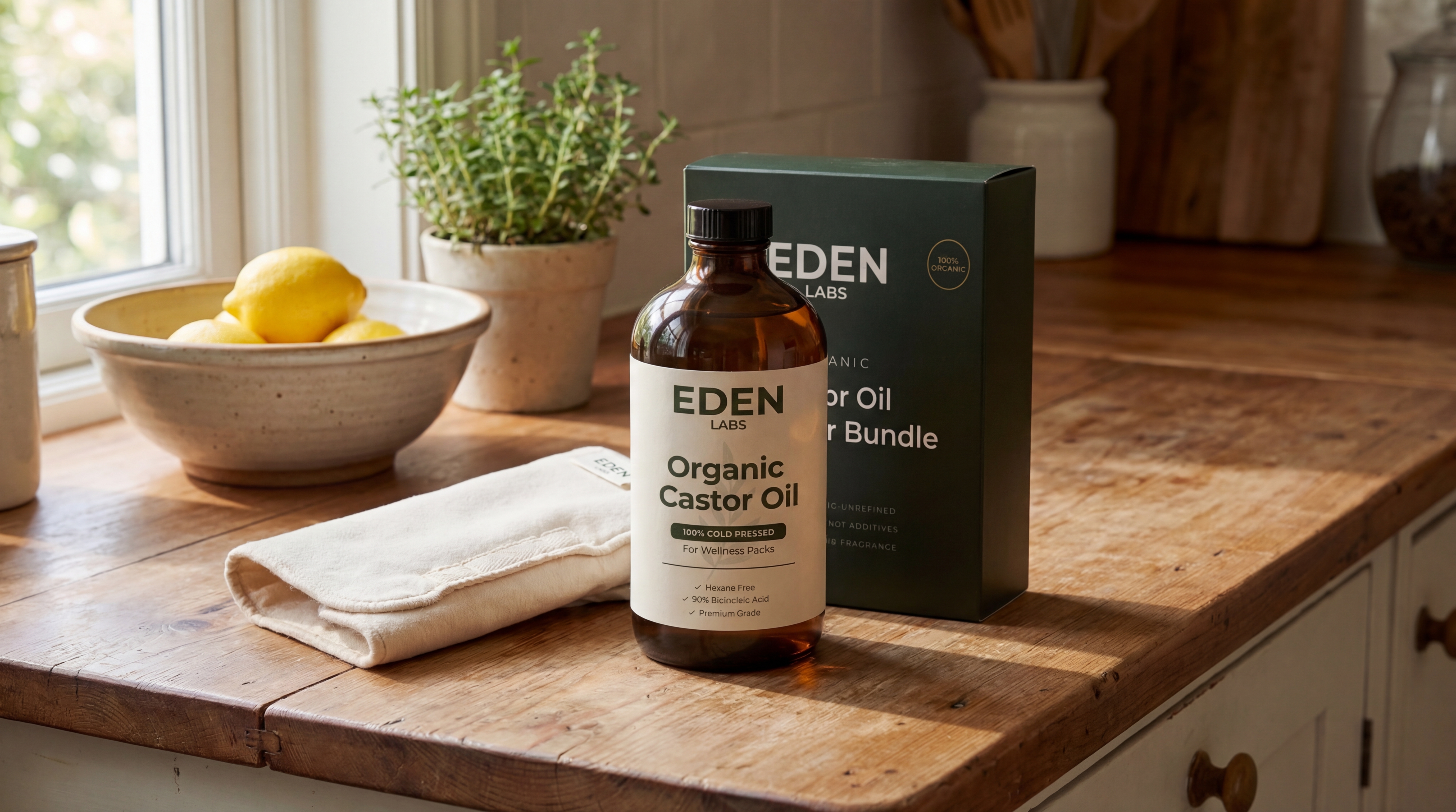 A bottle and box of Eden Labs Organic Castor Oil on a kitchen counter with lemons and a plant.