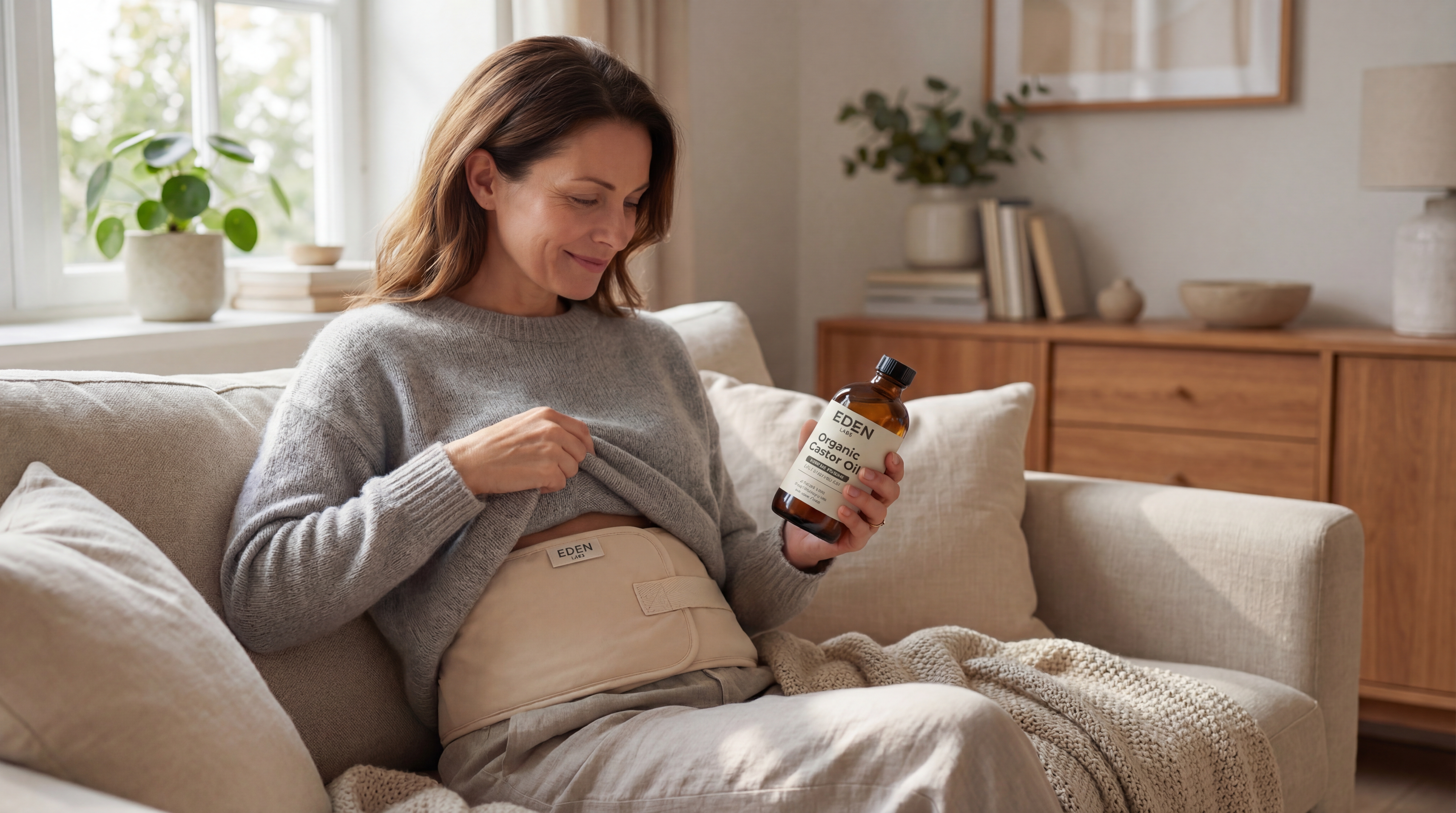 A woman sits on a sofa with a pack on her stomach, holding a bottle of castor oil.