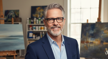 A smiling man with gray hair and glasses, wearing a blazer, stands in an artist's studio.