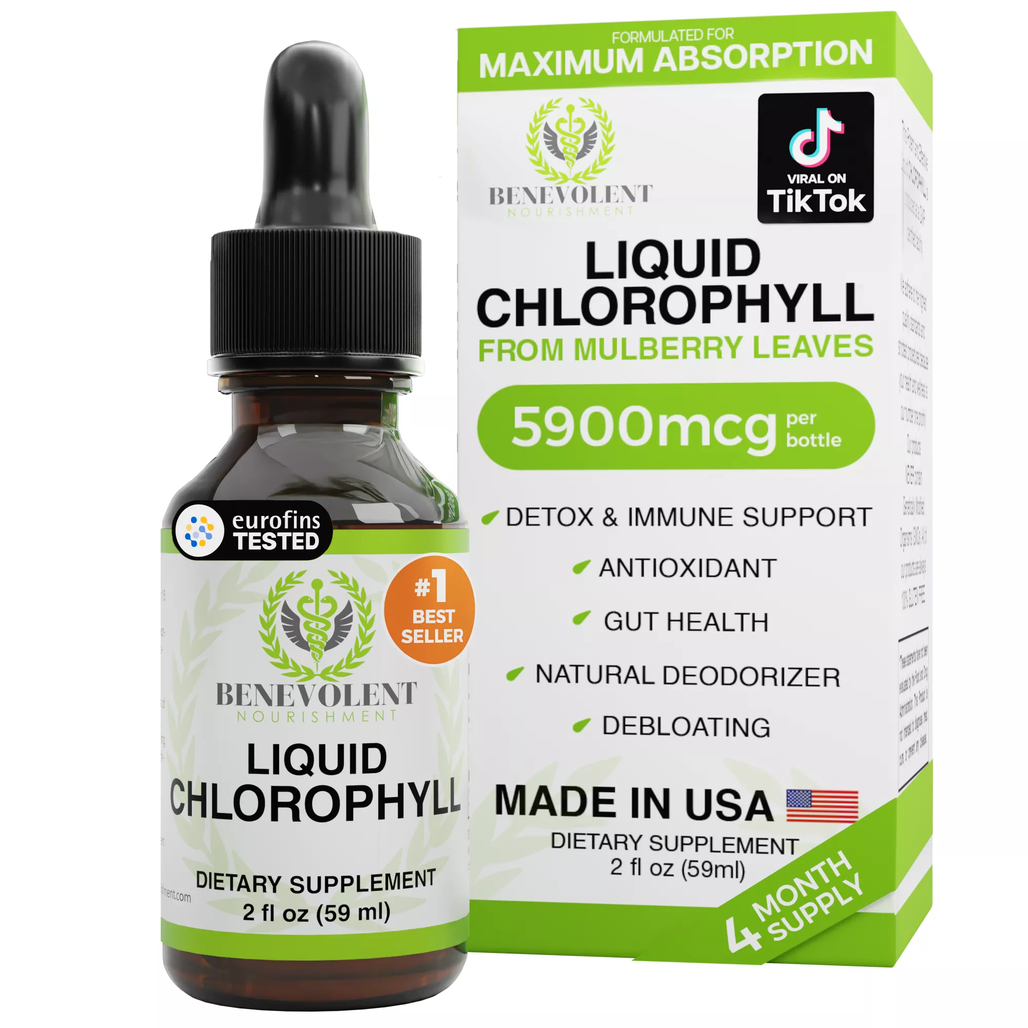 A dropper bottle of Benevolent Nourishment Liquid Chlorophyll dietary supplement next to its white and green product box.