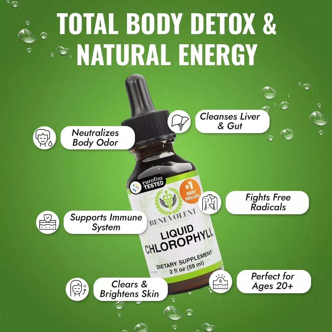 A bottle of liquid chlorophyll supplement with callouts to its ingredients: chlorophyll, copper, and peppermint essential oil.