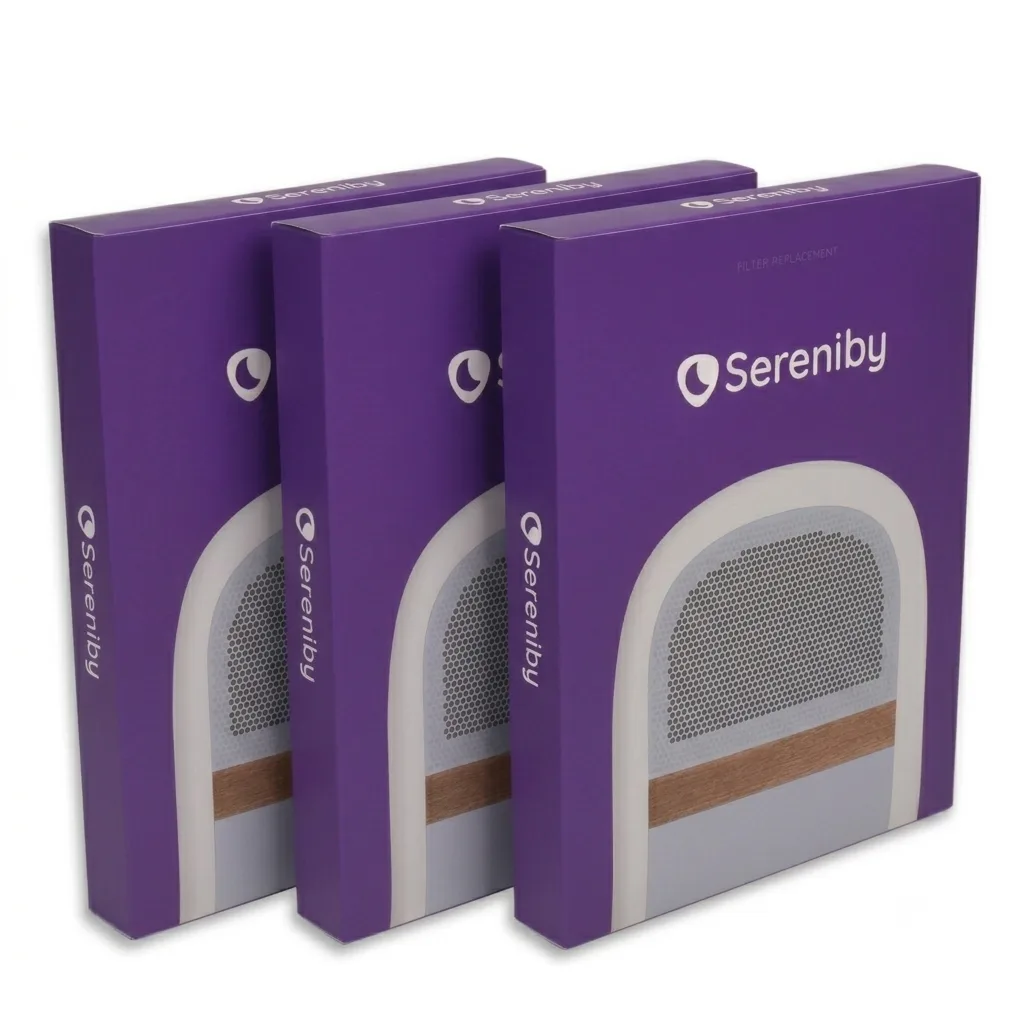Three purple boxes of Sereniby filter replacements standing in a row against a white background.