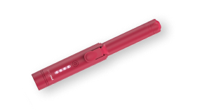 A pink cordless hair styling tool with four light-up indicators against a white background.