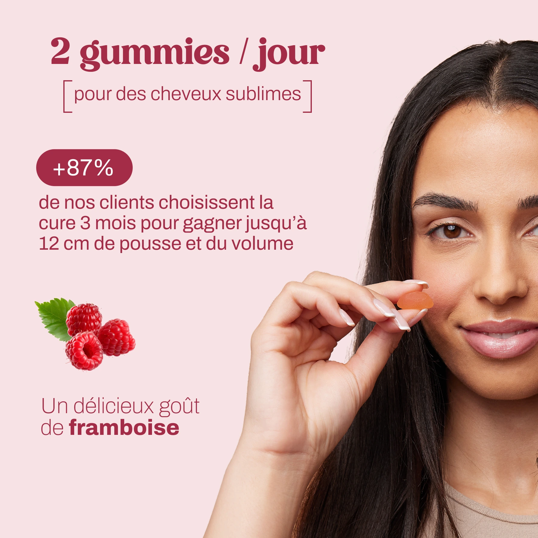 A woman with long dark hair holds up a small gummy, with raspberries and French text nearby.