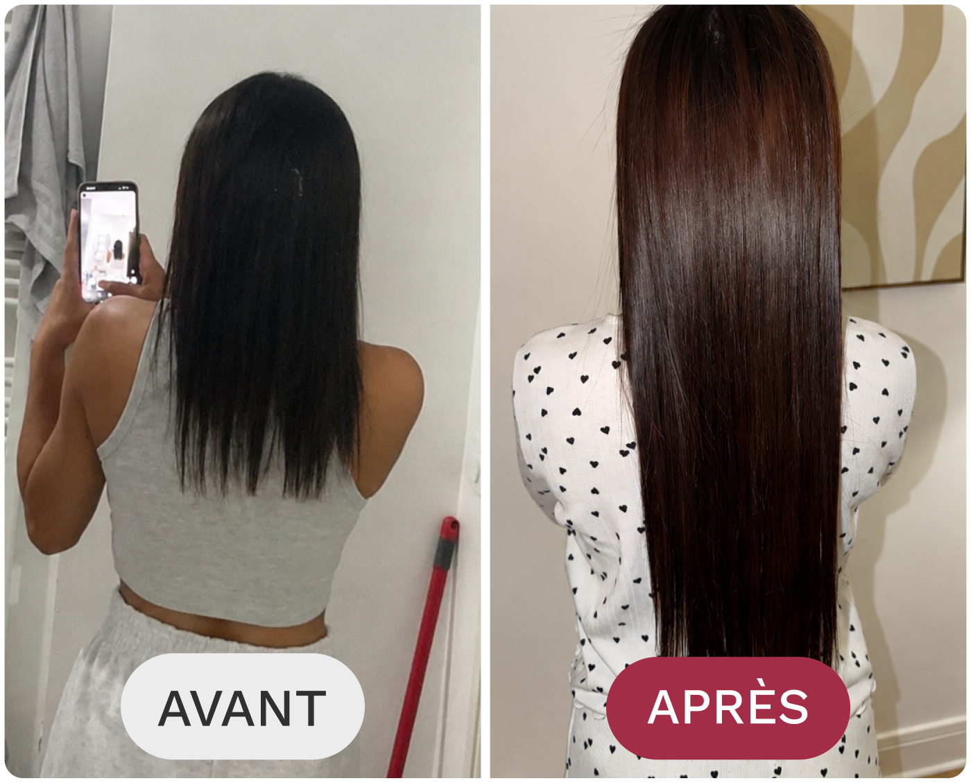 A before-and-after image of a woman's hair, transformed from frizzy and uneven to long, straight, and sleek.