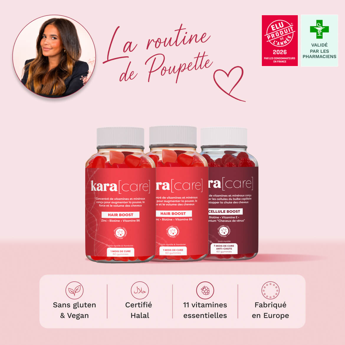 An advertisement for Kara[care] gummy vitamins, showing three bottles of the product and a woman.