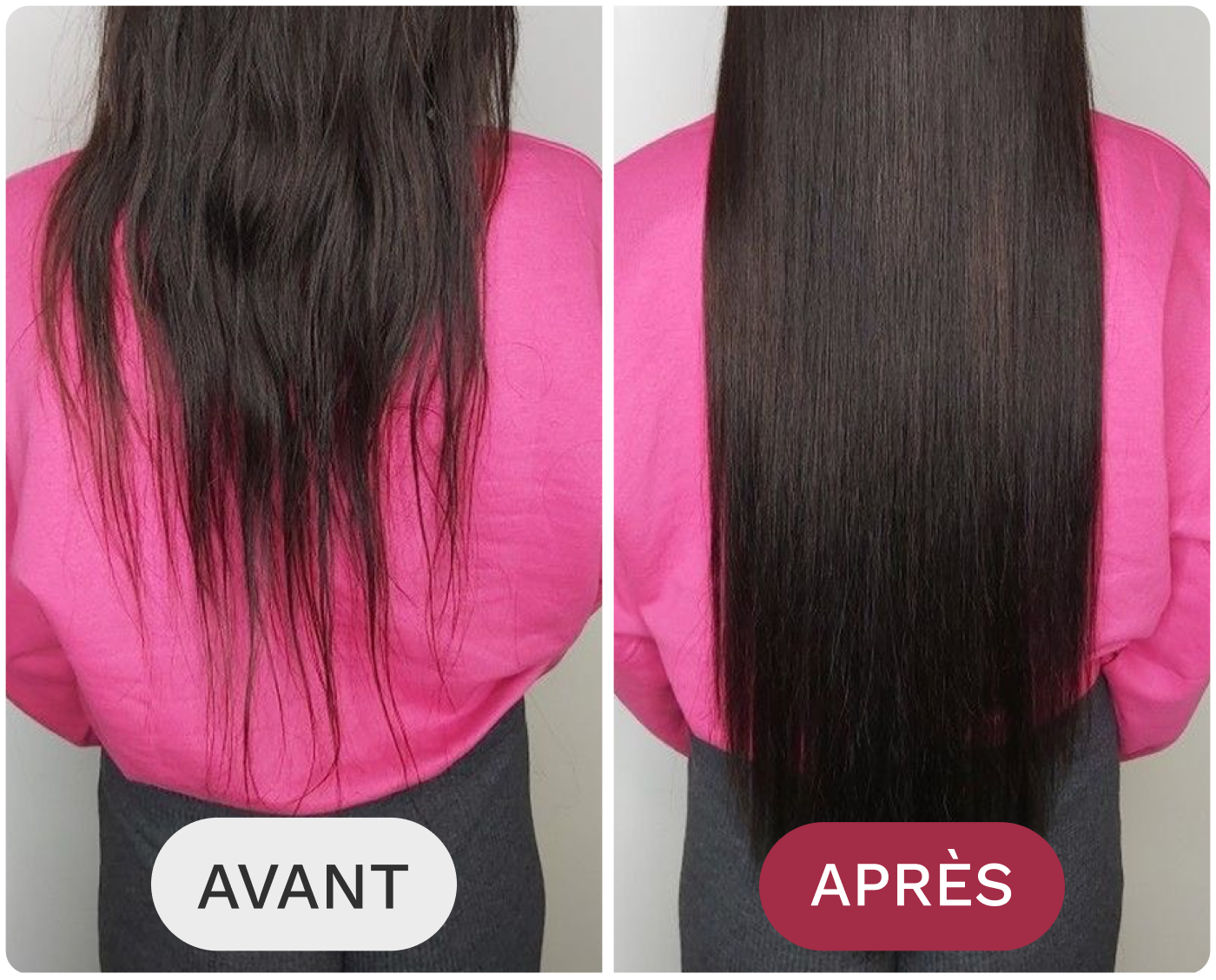 A before-and-after image of a woman's hair, transformed from frizzy and uneven to long, straight, and sleek.